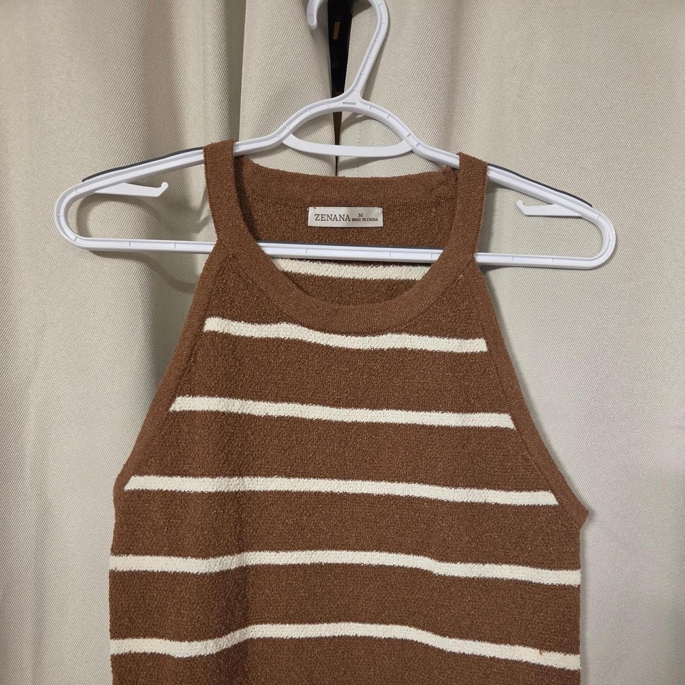 Zenana French Terry Chocolate Brown Striped Tank Top